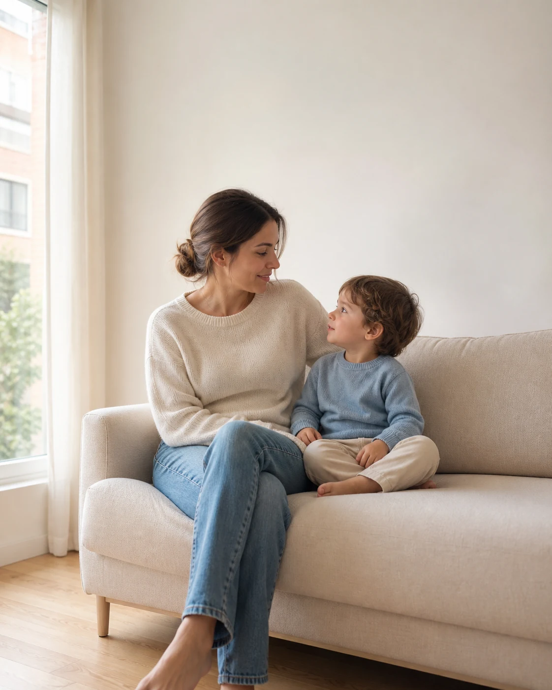 Mamá conversando cara a cara con su hijo en casa