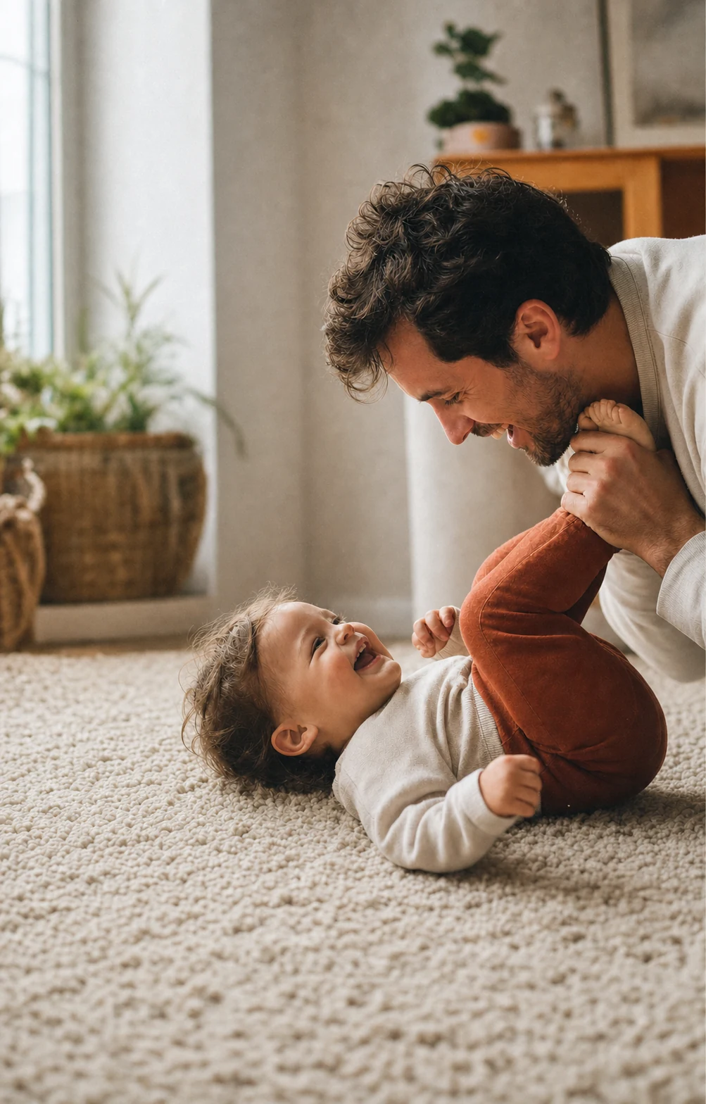 Papá jugando y riendo con su hijo en casa