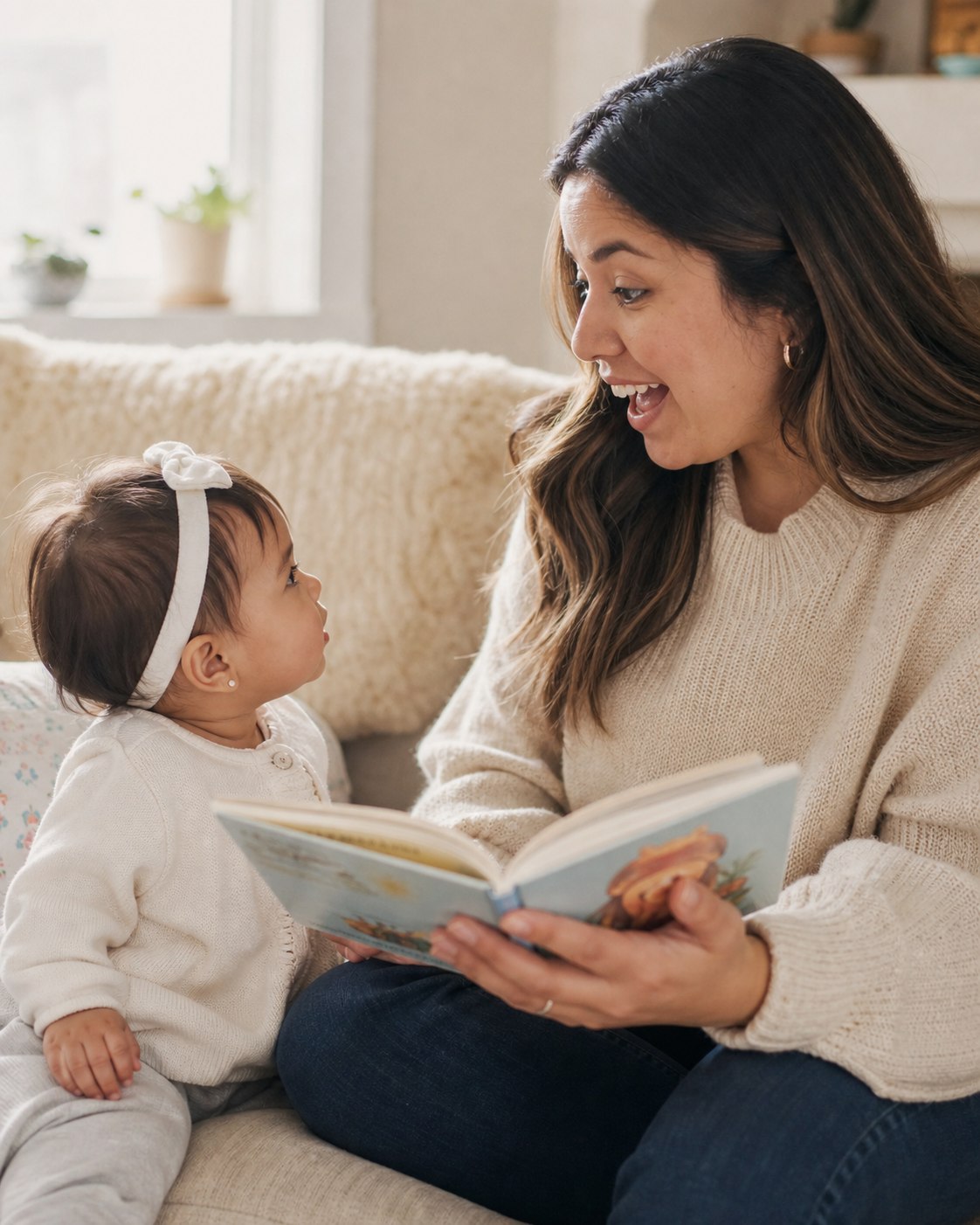 Mamá latina leyendo con su bebé mientras se miran cara a cara